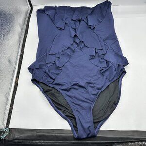 Womens One Piece Swimsuit Navy Blue Ruffles Size 12 Missing Straps Clean